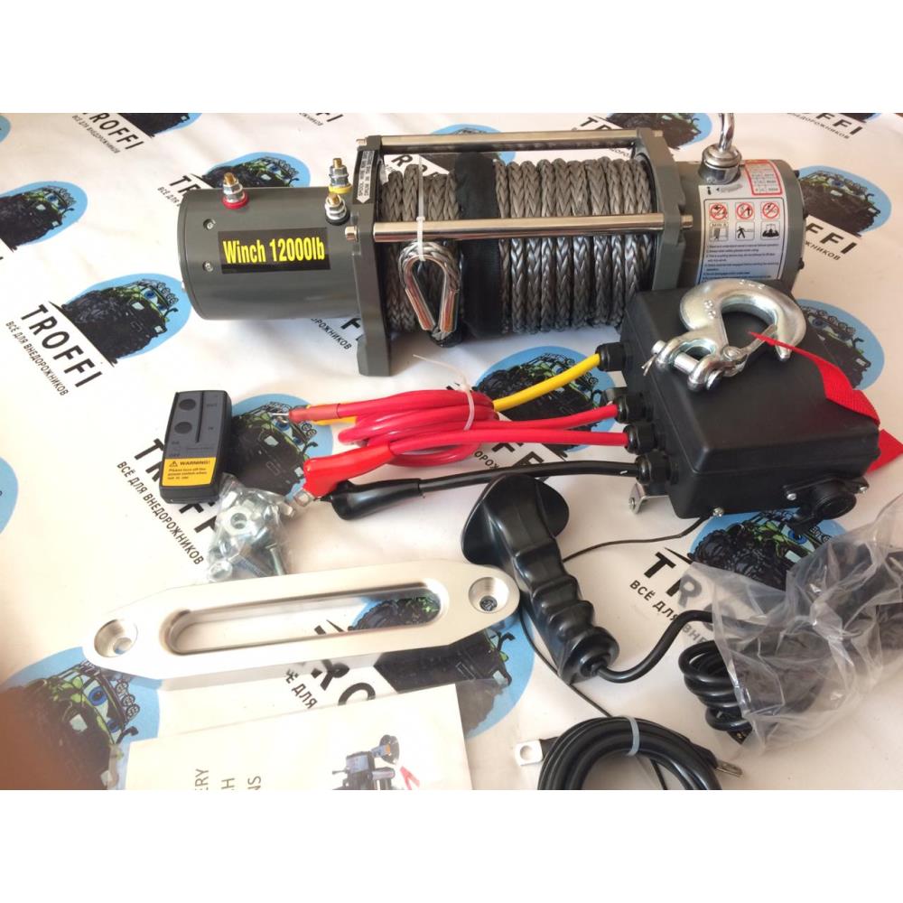 Лебёдка электрическая 12V Electric Winch 12000 lbs 5443 кг (влагозащищенная) синт. трос